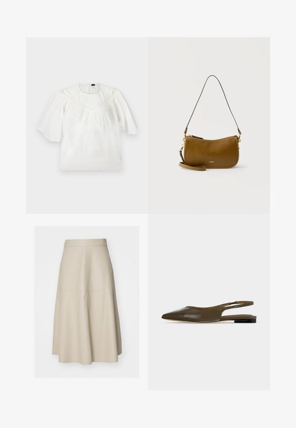 Blouse blanche avec manches larges mi-coude, détail en dentelle sur la poitrine et tissu plissé sur le haut devant.; Jupe midi beige en A avec coutures visibles et taille ajustée, réalisée en matériau lisse imitation cuir.; Chaussure plate à bout pointu vert olive avec bride arrière, talon noir bas et finition lisse et brillante.; Sac à bandoulière en cuir marron avec ferrures dorées et fermeture éclair, doté d'une poignée courte et d'une longue sangle amovible.