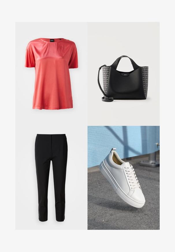 T-shirt à manches courtes de couleur corail, en tissu lisse avec une coupe décontractée, présentant un col rond et des détails de couture subtils.; Un pantalon noir avec une coupe droite, fabriqué en tissu lisse. Présente des accents zippés sur les côtés inférieurs. Un style épuré et minimaliste.; Baskets blanches en cuir avec des lacets plats, bout rond, semelle en caoutchouc et une petite languette au talon. Texture lisse avec des détails de design minimalistes.; Sac à main noir DKNY avec devant texturé, côtés en tissu monogrammé, poignées courtes et bandoulière amovible sur fond blanc.