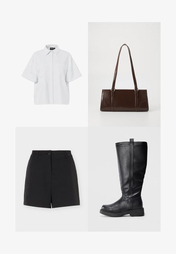 Chemise blanche à manches courtes avec boutons, col pointu et deux poches poitrine, étiquetée "PIECES" à l'intérieur du col.; Shorts noirs sur mesure avec passants de ceinture, fermeture à bouton et détail d'ouverture avant, affichés sur fond blanc.; Bottes noires montantes en cuir lisse avec un bout arrondi, une semelle plate et un détail de couture verticale sur le côté.; Sac à main en cuir verni marron de forme rectangulaire, avec deux longues poignées et des accents courbés subtils à l'avant.