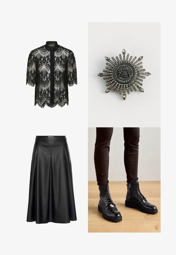 Zwarte kanten blouse met een gegolfde zoom en korte mouwen. Beschikt over een hoge kraag en knoopsluiting. Gedetailleerd bloemenpatroon over het hele oppervlak.; Zwarte leren maxi-rok met hoge taille, geplooid ontwerp en gladde textuur. Benadrukt een vloeiende silhouet.; Zwarte leren enkellaarsjes met brogue-details, een vetersluiting aan de voorkant, ritsen aan de zijkant en gestructureerde rubberen zolen. Gecombineerd met donkere slim-fit broek.; Stervormige broche van zilverkleurig metaal met transparante rhinestones. Het centrale ontwerp heeft een ronde embleem met complexe details.