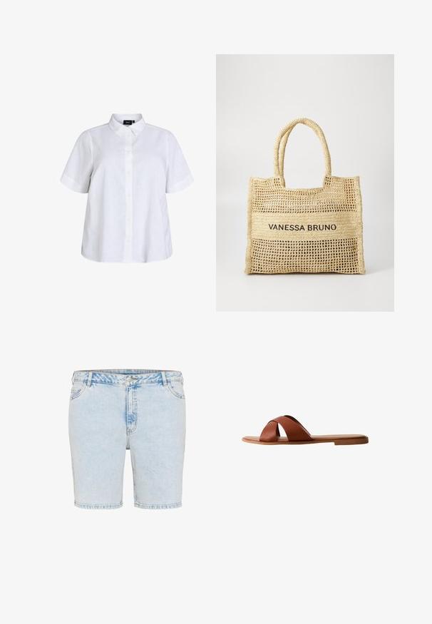 Hvid kortærmet skjorte med knapper og krave, ensfarvet design, let løs pasform, knapper foran og korte ærmer.; Lyseblå denimshorts med lige snit, fem lommer og synlige stikninger. Har en lukning med knap og lynlås.; Brun læder slidesandal med krydsstropdesign. Flad sål med en glat finish og minimalistisk stil. Ingen synlige beslag eller accenter.; Beige vævet tote bag med to håndtag og "VANESSA BRUNO" trykt i sort på et solidt vævet panel i midten.