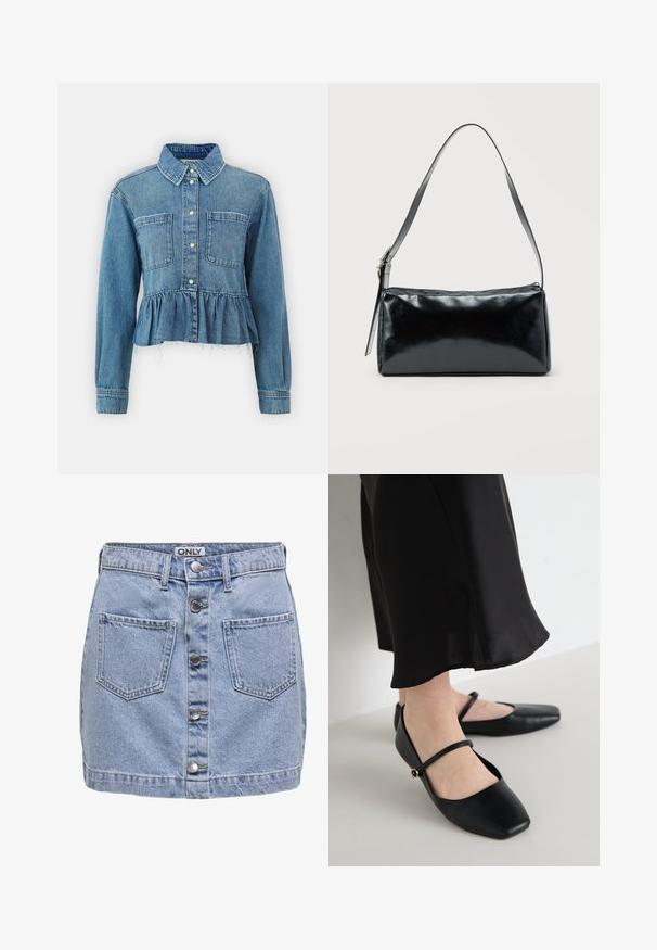 ONLY ONLELLI FRILL - Paitapusero - medium blue denim; Vaaleansininen farkkuhame, jossa on viisi etupainiketta, kaksi läpällistä taskua ja hieman kulunut pinta. Tagi lukee "ONLY."; Mustat litteät kengät neliön muotoisella kärjellä, jotka on valmistettu sileästä nahasta. Kenkäparissa on yksi hihna jalan yli, jossa on pieni koristeellinen yksityiskohta.; Musta suorakaiteen muotoinen olkalaukku, jossa on säädettävä yksittäisolkaimen hihna ja yläreunassa vetoketjusuljin, yksivärisellä taustalla.