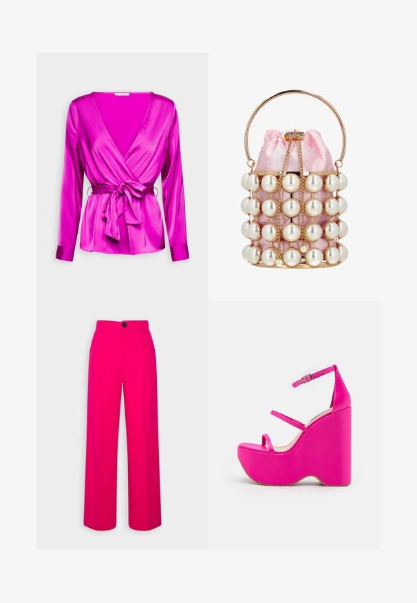 Anna Field by Zalando Blouse - purple; Pantalons larges fuchsia à taille haute, avec des plis sur le devant et une fermeture à un bouton noir. Texture lisse et design ajusté.; Sandales à plateforme roses avec un talon compensé haut, dotées de deux fines lanières à l'avant et d'une lanière au niveau de la cheville avec une boucle métallique. Texture lisse.; Petit sac seau rose en satin avec cadre doré, grosses fausses perles, cordon de serrage en chaîne dorée et une poignée ronde dorée.