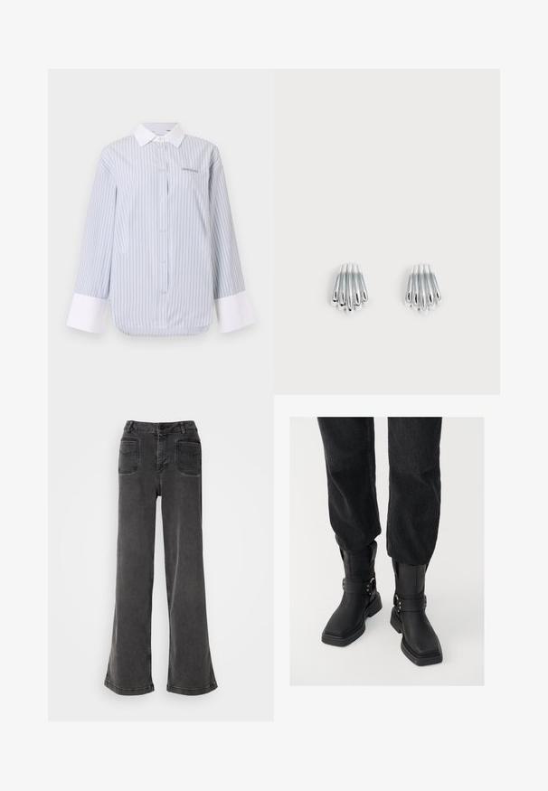 Stribet skjorte i lys blå og hvid, med hvid krave og manchetter. Materialet er glat, med afslappet pasform og diskret logo-detalje.; Høj talje, brede ben sorte jeans lavet af denim, med knaplukning, bæltestropper og to baglommer med syninger.; Sorte læder ankelstøvler med firkantet tå, der har en bred rem og metallisk spænde detalje. Støvlerne har en chunky sål og en glat overflade.; Par glinsende sølvøreringe med lagdelt, buet stangdesign, vist på en enkel lys baggrund.