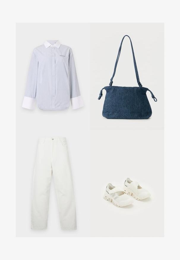 Gestreifte Button-up-Bluse in Hellblau und Weiß, mit einem weißen Kragen und Manschetten. Der Stoff ist glatt, mit einer lockeren Passform und subtiler Logodetail.; Weiße Jeans mit weitem Bein aus Baumwolle, mit klassischem Fünf-Taschen-Design und Metallknopfverschluss in der Taille. Glatte Textur.; Weiße Mesh-Sportschuhe mit einem Riemenverschluss, gepolstertem Knöchelbereich und einem markanten, geschwungenen Sohlen-Design mit ausgehöhlten Abschnitten.; Dunkelblaue Denim-Schultertasche mit verknoteten Trägerenden und schlichter rechteckiger Form vor weißem Hintergrund.