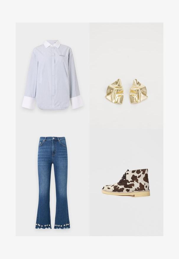 Chemise à rayures bleu clair et blanche, dotée d'un col blanc et de poignets blancs. Le matériau est lisse, avec une coupe décontractée et un détail de logo subtil.; Jean en denim bleu moyen avec jambes évasées, ourlets effilochés et ornements décoratifs de perles et de fleurs le long des bords inférieurs.; Bottines en cuir de vache marron et crème à bout arrondi, à lacets, avec une semelle en caoutchouc de couleur claire. Surface texturée avec des motifs naturels.; Boucles d'oreilles en métal doré avec un design ondulé ; surface lisse et réfléchissante ; forme asymétrique ; sans motifs ni éléments visibles.