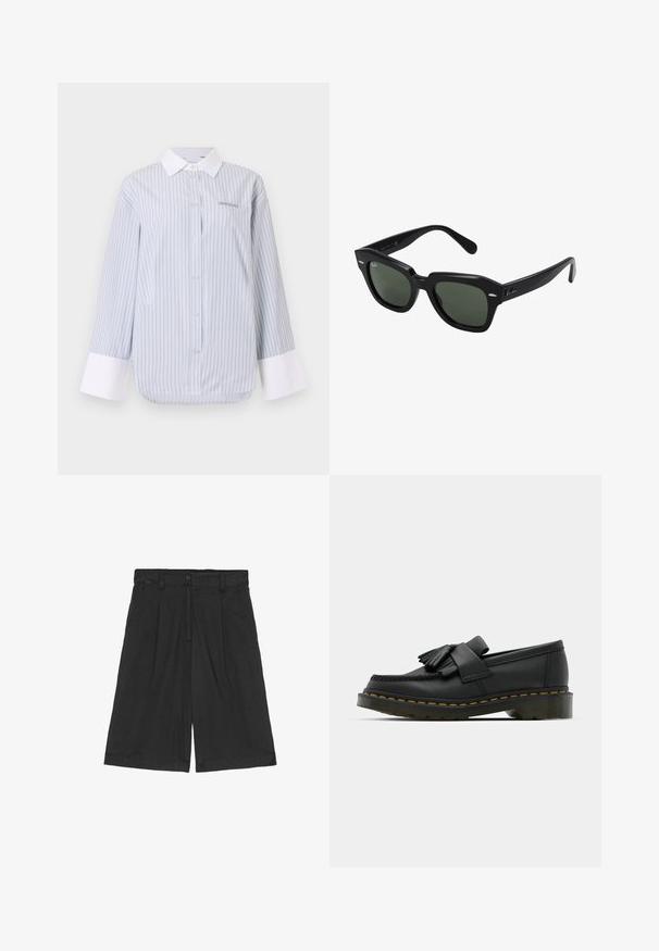 Camisa de botones a rayas en azul claro y blanco, con cuello y puños blancos. El material es suave, con un corte relajado y un sutil detalle de logo.; Pantalones cortos de lino negros con un ajuste relajado, con un frente plano, dos bolsillos laterales y un cierre de botón en la cintura.; Mocasines de cuero negro con punta redonda, que presentan un detalle de flecos y una banda decorativa en la parte frontal, montados sobre un tacón grueso.; Gafas de sol cuadradas negras con lentes verde oscuro, con montura audaz y acentos plateados en los laterales. Fabricadas en Italia.