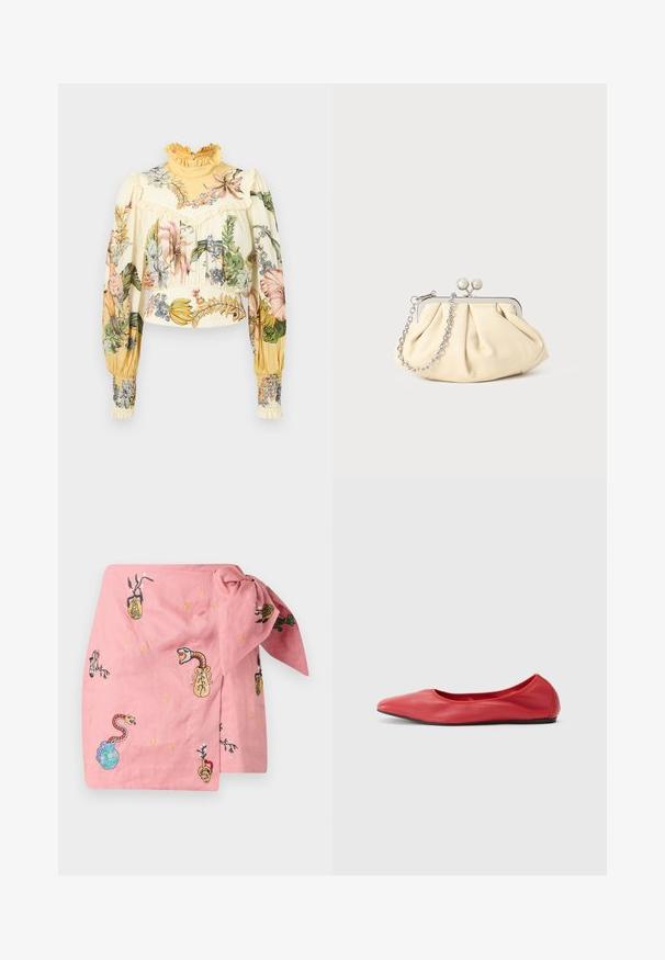 Alemais OLEANDER - Blúzka - multi coloured; Ružová zavinovacia sukňa s rôznymi vyšívanými motívmi, vrátane hadov, vázi a rastlín, s pozlátenými a viacfarebnými akcentmi po celej ploche.; Filippa K REY FLATS - Balerínky - bright red; Zhlý béžový kožený klobúk so strieborným kovovým rámom, ktorý má dve okrúhle dekoratívne zámky a strieborný reťazový popruh.