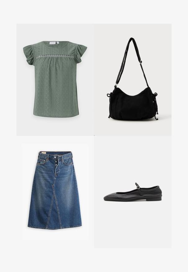 Grøn kortærmet bluse lavet af letvægts tekstureret stof, der har et mønsterdesign med øjenlågsdetaljer og flæseærmer.; Denimnederdel i medium vask blå med A-linjeform, frontslids, fem lommer og knaplukning i taljen.; Sorte læder balletflade med en rund tå, smal vamp og en lille ankelrem med en cirkulær spænde. Lav, flad sål.; Sort kordfløjls skuldertaske med en buet form, justerbar strop og snorelukninger på begge sider til størrelsejustering.