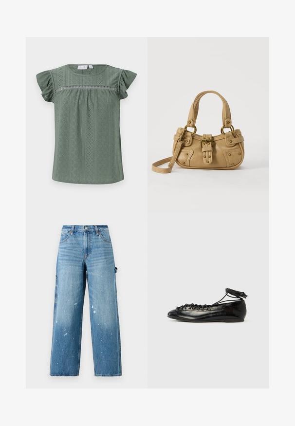 Grüne Bluse mit kurzen Ärmeln aus leichtem, strukturiertem Stoff, mit einem gemusterten Design, das Ösen-Details und Rüschensäume aufweist.; Hellblaue Denim-Cargo-Jeans mit weitem Bein, ausgewaschenen Bereichen und Farbspritzern. Mit Seitentaschen und Knopfleiste.; Schwarze Ballerinas aus Lackleder mit runder Spitze, Schnürdesign und flacher Sohle. Glatte Textur mit minimaler Verzierung.; Beige Lederhandtasche mit doppelten Griffen, Messingschnalle und Nieten, sowie verstellbarem Schultergurt vor weißem Hintergrund.