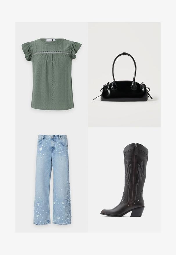 Grüne Bluse mit kurzen Ärmeln aus leichtem, strukturiertem Stoff, mit einem gemusterten Design, das Ösen-Details und Rüschensäume aufweist.; Helleblaue Denim-Hosen im weiten Schnitt mit abgeschnittenen Patches und fransigen Kanten, fünf Taschen und einem Knopfverschluss an der Vorderseite.; Braune Cowboy-Stiefel aus Leder mit Flammenstickerei, seitlichem Reißverschluss, silbernen Nieten, spitzer Zehenpartie und geschichtetem Absatz.; Kleine schwarze glänzende Handtasche mit zwei langen Griffen und seitlichen Kordelzug-Details vor einfachem hellem Hintergrund.
