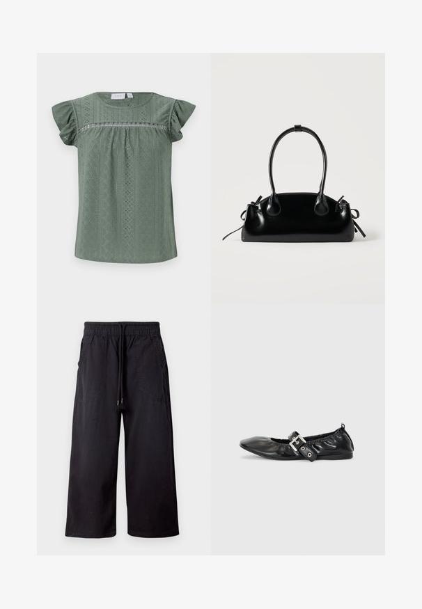 Blusa verde de manga corta hecha de una tela texturizada ligera, con un diseño estampado que presenta detalles de ojetes y mangas acampanadas.; Pantalones negros de pierna ancha con cintura elástica y cordón, con bolsillos delanteros de parche, exhibidos sobre un fondo claro y liso.; Zapato plano de piel negra con puntera afilada, detalle fruncido alrededor de la abertura y un acento de hebilla plateada en la correa ajustable.; Pequeño bolso negro brillante con dos asas largas y detalles de cordón lateral sobre un fondo claro liso.