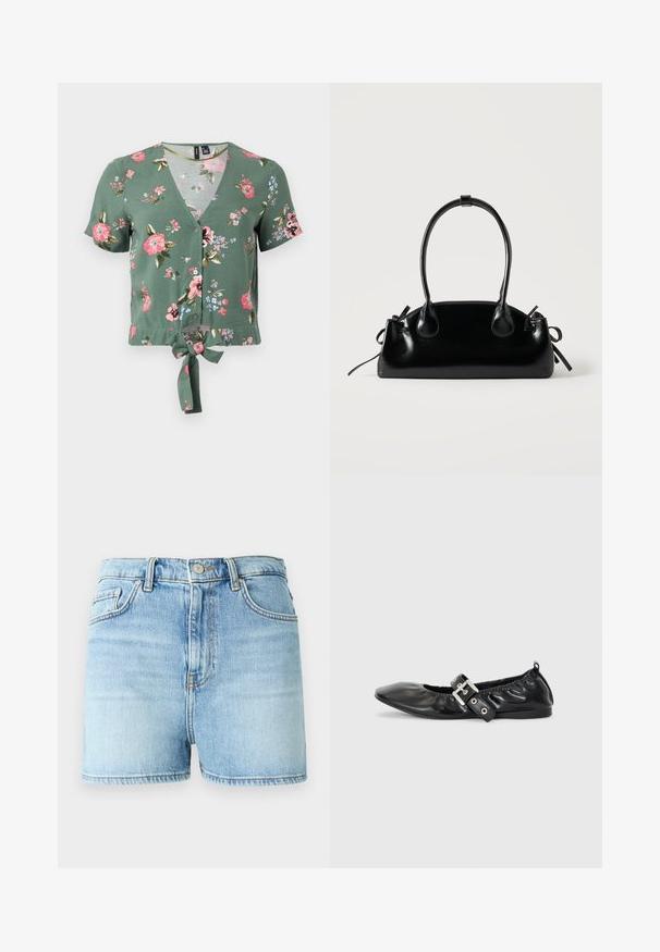 Crop top à imprimé floral vert avec un décolleté en V, des manches courtes, un bouton à l'avant et un détail de nœud à l'avant. Comprend des motifs de fleurs roses et bleues.; Shorts en denim bleu clair, présentant une taille haute, un design classique à cinq poches, et un ourlet effiloché avec une texture légèrement délavée.; Chaussure plate en cuir noir avec un nez pointu, des détails froncés autour de l'ouverture et un accent en boucle argentée sur la bride ajustable.; Petit sac à main noir brillant avec deux longues anses et des détails à cordon sur les côtés sur un fond clair uni.