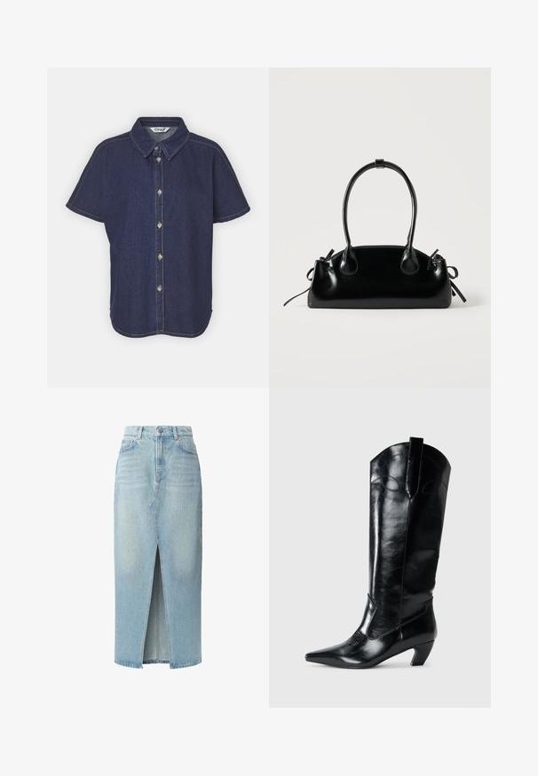 Camisa de denim azul oscuro con botón frontal, manga corta, cuello puntiagudo y detalles de costura en contraste.; Falda de mezclilla azul claro con abertura frontal, diseño de cinco bolsillos y passadores para cinturón. Fabricada en algodón con una textura suave y un ligero desvanecimiento.; Botas de cuero negras hasta la rodilla con punta afilada, tacón bajo y detalle de costura decorativa en los laterales. Acabado suave y brillante.; Pequeño bolso negro brillante con dos asas largas y detalles de cordón lateral sobre un fondo claro liso.