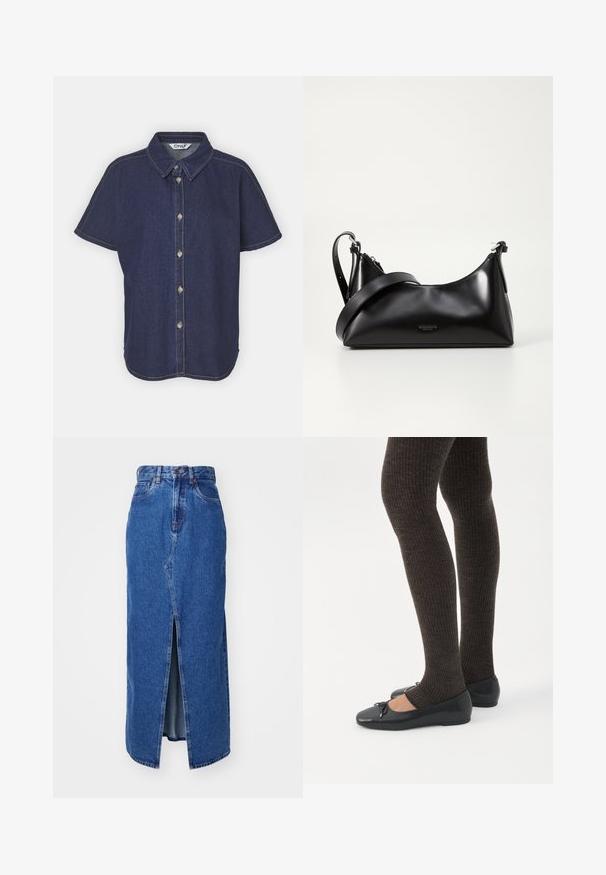 Mørkeblå denimskjorte med knaplukning foran, korte ærmer, spidse kraver og kontrasterende syninger.; Denim maxi nederdel i mellemblå med slids foran, høj talje og klassisk fem-lomme design. Har kontrastsyning og lynlåsåbning.; Ben iført mørke ribbede leggings kombineret med sorte balletsko med små sløjfedetaljer på hvid baggrund.; Sort læderhåndtaske med en glat tekstur. Har en justerbar stropp og et enkelt, minimalistisk design med lynlås.
