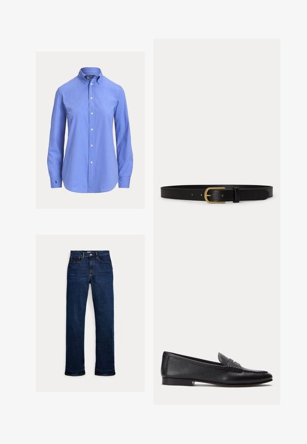 Blå langærmet skjorte med knapper, klassisk krave og lille broderet logo på venstre manchet.; Mørkeblå straight-leg jeans med frontknap og lynlås, fem-lomme design og synlige syninger.; Sort tekstureret læderloafer med lav hæl og klassisk penny-stropdetalje, vist i profil mod en ensfarvet lys baggrund.; Sort læderbælte med spænde i guldmetal og syning, vist fladt på hvid baggrund.