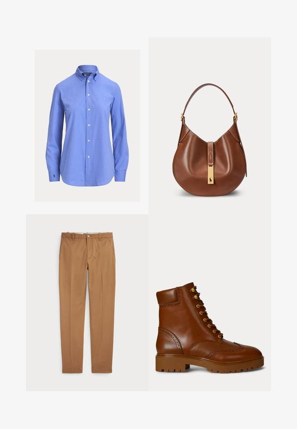 Chemise bleue à manches longues avec boutons, col classique et petit logo brodé sur le poignet gauche.; Pantalons en coton marron au design ajusté, devant plat et poches standard ; texture lisse et ourlets finis.; Bottes en cuir marron à la cheville avec un bout rond, œillets en or et détails en brogue. Semelle en caoutchouc marron épaisse avec un profil texturé.; Sac à main en cuir marron avec une forme incurvée, une bandoulière unique et une fermeture rectangulaire dorée avec un petit logo cheval sur le devant.