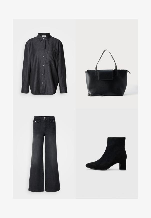 Mørkegrå langærmet skjorte lavet af letvægtskuffert, med knaplukning foran, krave og en enkelt brystlomme.; Sorte denim brede ben jeans med høj talje, forknapper og to forlommer; glat tekstur med en let falmet finish.; Sorte suede ankelstøvler med spidse tæer og en lav blokhæl, med en glat overflade og minimalistisk design.; Sort lædertaske med to håndtag, en aftagelig rem, magnetisk flaplukning og en glat overflade. Lynlåslukning øverst og dekorative syninger.