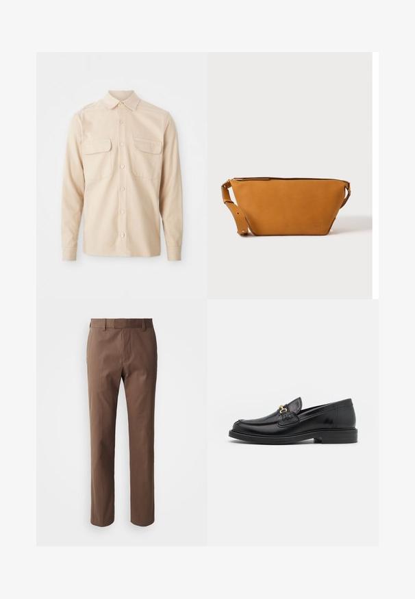 Beige langärmliges Hemd aus gewebtem Stoff, mit zwei Brusttaschen, einem spitzen Kragen und Knopfverschluss vorne. Glatte Textur.; Braune Hose mit taillierter Passform, flachem Frontdesign und zwei seitlichen Taschen. Hergestellt aus einem glatten Stoff mit sauberem Finish und ohne sichtbare Muster.; Schwarze Lederleter mit einer abgerundeten Zehenpartie, ausgestattet mit goldenen Hardwareakzenten und Stichdetails, auf einer niedrigen, strukturierten Gummisohle.; Hellbraune Leder-Umhängetasche mit verstellbarem Schulterriemen und Reißverschluss, vor einem schlichten hellen Hintergrund gezeigt.