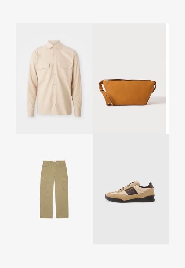 Beige langærmet skjorte lavet af vævet stof, med to brystlommer, en spids krave og knaplukning foran. Glat tekstur.; Khaki cargo bukser med brede ben, knaplukning, bæltestropper og store klaplommer på begge lår.; Beige ruskindssneaker med et tekstureret brunt panel, kontrasterende brun hæl og flerfarvede snørebånd. Har en sort gummisål og guldfarvet mærkning.; Lys brun læder crossbody taske med justerbar rem og lynlås, vist mod en ensartet lys baggrund.