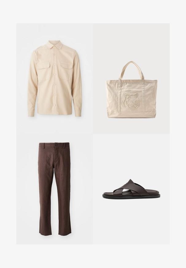 Chemise beige à manches longues en tissu tissé, dotée de deux poches poitrine, d'un col pointu et d'une fermeture à boutons sur le devant. Texture lisse.; Pantalon en lin marron avec une texture lisse, présentant une coupe droite, des poches avant, des passants de ceinture et une fermeture à bouton simple à la taille.; Stuart Weitzman BERKLEY - Mules - espresso; Sac fourre-tout en toile beige avec doubles anses et un motif en relief de tête de loup sur la poche avant.