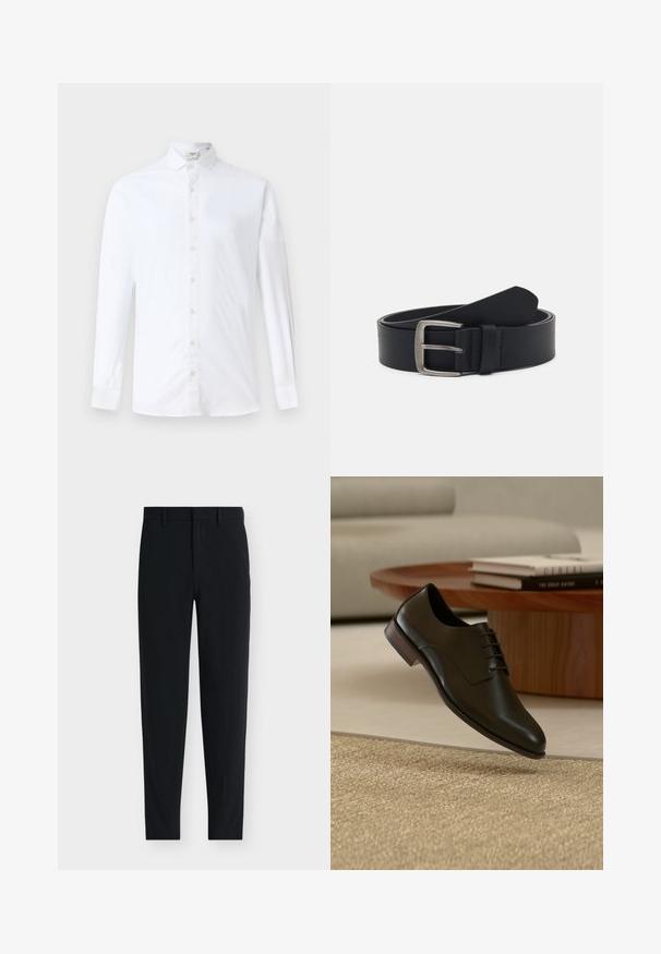 Chemise à manches longues blanche en coton, dotée d'un col classique, d'une coupe droite et d'une texture lisse avec des boutons assortis.; Pantalon noir cintré sur mesure avec passants de ceinture et fermeture avant dissimulée, présenté sur fond blanc.; Chaussure habillée en cuir noir avec lacets flottant au-dessus d'un tapis beige texturé dans un salon moderne avec une table en bois et des livres.; Ceinture en cuir noir avec une boucle en métal argenté, présentant une finition lisse et un design classique. La ceinture est enroulée avec l'extrémité pointée.