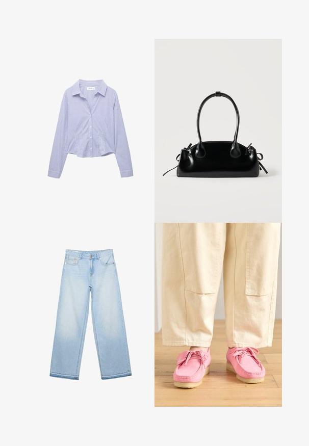 Blau-weiß gestreiftes Hemd mit langen Ärmeln, Knopfleiste, Kragen, tailliertem Schnitt und Manschetten an den Ärmeln.; Hellblaue Jeans mit weitem Bein, fünf Taschen und Knopfverschluss, flach auf weißem Hintergrund dargestellt.; Rosa Wildleder-Mokassins mit Schnürsenkeln, die eine strukturierte Oberfläche und eine hellbeige Gummisohle aufweisen, kombiniert mit beigen Hosen.; Kleine schwarze glänzende Handtasche mit zwei langen Griffen und seitlichen Kordelzug-Details vor einfachem hellem Hintergrund.