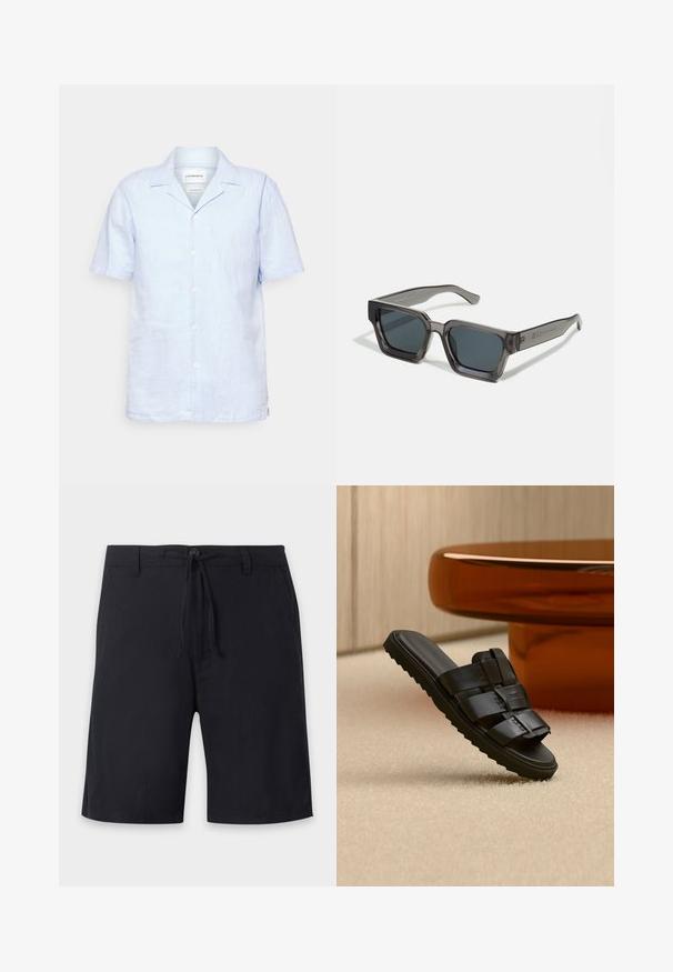 Camisa de manga corta de color azul claro hecha de lino. Tiene un cuello clásico, cierre de botones en el frente y un corte relajado. Textura suave, diseño minimalista.; Pantalones cortos negros hasta la rodilla con trabillas para cinturón, cierre con botón y cordón ajustable en la cintura.; Sandalia tipo slide de cuero negro con tiras anchas y suela estriada sobre alfombra beige cerca de mesa de café redonda marrón.; Jack & Jones JACPETER SUNGLASSES UNISEX - Gafas de sol - grey