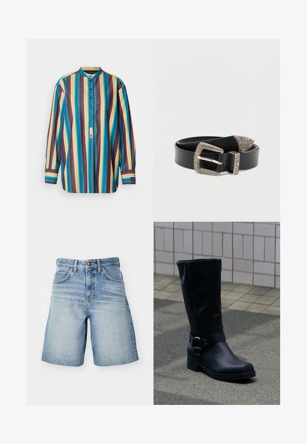Gestreiftes Hemd mit Button-Down-Kragen, in Teal-, Lila-, Gelb- und Brauntönen, mit langen Ärmeln und einer kurzen Knopfleiste.; Jeansshorts in Hellblau mit hoher Taille, ausgestattet mit einem Knopfverschluss, fünf Taschen und leichter Verblassung für einen abgenutzten Look.; Schwarzer Lederstiefel bis zur Mitte der Wade mit niedrigem Blockabsatz und dekorativem Riemen mit Metallschnalle um den Knöchel, auf einem gefliesten Gehweg.; Schwarzer Ledergürtel mit einer silbernen, strukturierten Schnalle, die ein lineares Muster und eine spitze Spitze aufweist, entworfen für Verschluss und Anpassung.