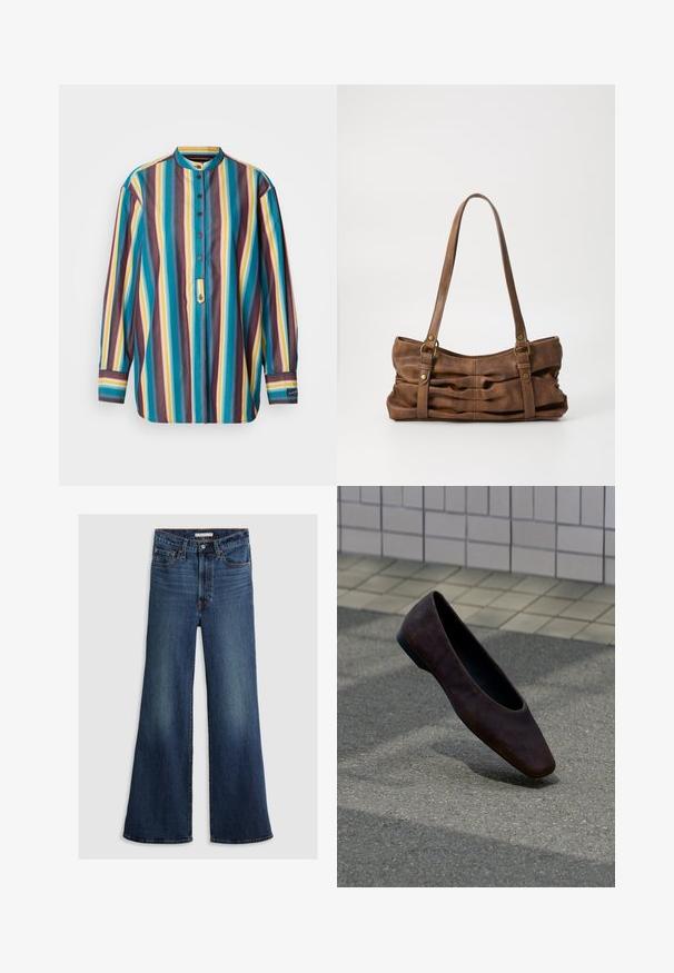 Gestreept shirt met button-down kraag, heeft teal, paars, geel en bruine strepen, lange mouwen en een korte knoopsluiting.; Wijde jeans in donkerblauw denim, met een hoge taille, vijf zakken en contrasterend stiksel langs de naden en tailleband.; Enkele donkerbruine platte schoen die boven een textuurrijke grond zweeft, met een betegelde muur op de achtergrond.; Even&Odd Handtas - brown