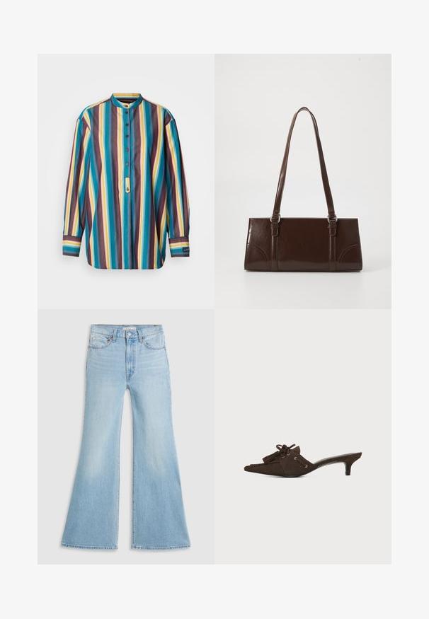 Gestreiftes Hemd mit Button-Down-Kragen, in Teal-, Lila-, Gelb- und Brauntönen, mit langen Ärmeln und einer kurzen Knopfleiste.; Helle blaue Schlagjeans mit hoher Taille, aus Denim gefertigt. Sie verfügen über ein klassisches Fünf-Taschen-Design und einen rohen Saum an den Säumen.; Brauner Wildleder-Mule mit spitzer Spitze, niedrigem Kitten-Heel, Schnürung mit Schleife und Quasten-Details vor weißem Hintergrund.; Braune Lackleder-Handtasche in rechteckiger Form, mit zwei langen Griffen und subtilen, geschwungenen Akzenten auf der Vorderseite.