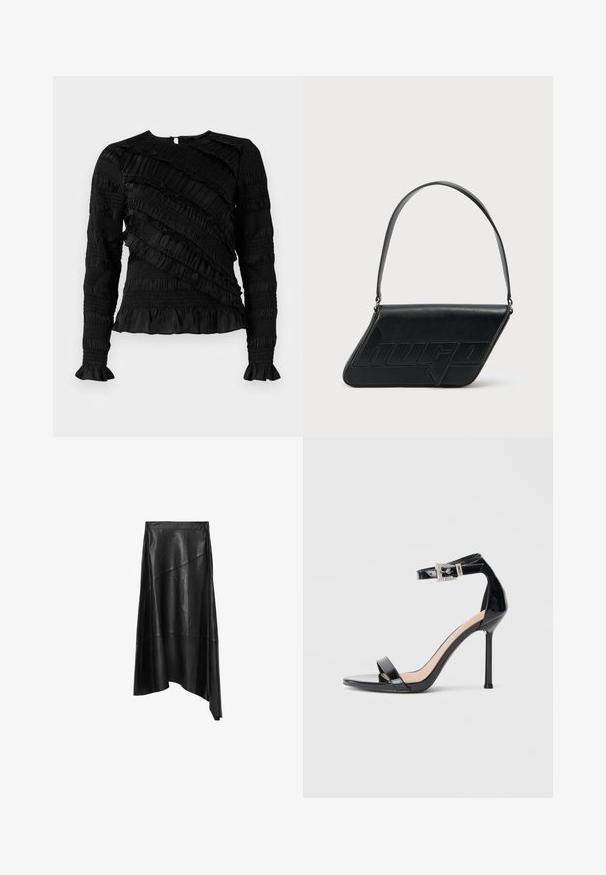 Haut noir à manches longues avec des volants texturés de largeurs variées, avec un col rond et des manches évasées. Fermeture éclair au dos.; Jupe en cuir noir avec un ourlet asymétrique et un design en panneaux, dotée d'une texture lisse et d'un éclat subtil.; Sandale à talon haut en cuir verni noir avec bride à la cheville. Présente un design minimaliste, un bout ouvert et une boucle ornée de strass.; Sac d'épaule en cuir noir de forme triangulaire, avec un logo embossé et une seule bandoulière réglable. Design minimaliste avec une texture lisse.