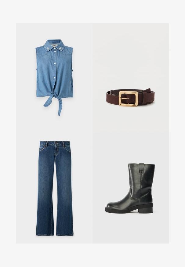 Chemise sans manches en denim bleu clair avec des boutons sur le devant, un lien à l'ourlet et des embellissements floraux en perles sur le col.; Jean denim bleu coupe droite avec poches avant, passants de ceinture, fermeture par bouton et coutures visibles sur un fond clair uni.; Botte en cuir noire mi-mollet avec un petit talon, bout rond et une languette sur le côté, sur un fond uni.; Ceinture en cuir marron foncé avec une large boucle carrée dorée, enroulée à plat sur une surface blanche.