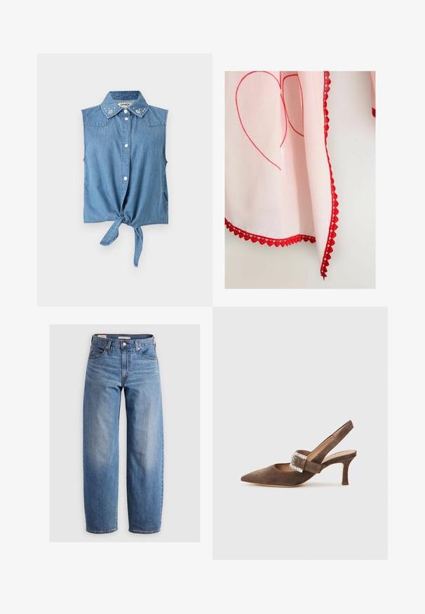 Varrukateta helesinine teksasärk eespool nuppudega, ääres seotav ja krae juures pärlmutterhelmestest lillekaunistustega.; Heledsinise otse jalga minevate teksade materjaliks on denim. Esitletud on klassikaline viie tasku disain ja peen kulumine jalgade lõikes.; Pruun seemisnahast sling-kingaga king, millel on terav ninaosa, kaunistatud juveeliga pandlaga ja peenike, keskmise kõrgusega kand. Sile sisevooder.; Roosa kangas punase südame tikandiga, ääred on sakilise pitsi servaga. Pehme tekstuur, kerge disain, kogu kangal dekoratiivsed õmblused.