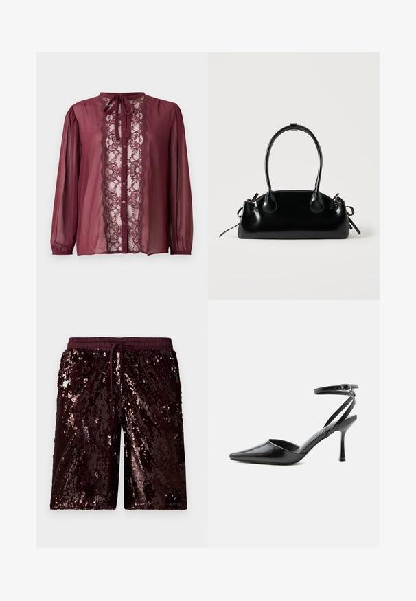 Blouse bordeaux à manches longues, avec un panneau en dentelle sur le devant, fermeture à boutons et détail de nouage au col. Tissu transparent avec épaules froncées.; Shorts en sequins bordeaux avec une taille élastique et un cordon de serrage ajustable. Présentent une surface brillante et texturée avec des sequins réfléchissants.; Escarpin noir à bout pointu avec fines brides de cheville et fermeture à boucle argentée sur fond clair uni.; Petit sac à main noir brillant avec deux longues anses et des détails à cordon sur les côtés sur un fond clair uni.