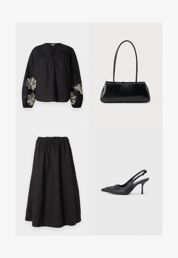 Blouse en coton noir avec un décolleté profond, des manches longues bouffantes et une broderie florale délicate en or et blanc sur les manches.; Jupe midi ample noire avec taille élastique et cordon de serrage, fabriquée en tissu léger.; Escarpin en cuir noir à talon aiguille avec un bout pointu, une bride latérale à boucle, des clous le long du bord et un laçage décoratif à l'avant.; Sac à épaule rectangulaire noir avec de longues bretelles fines et une texture lisse et brillante sur un fond uni.