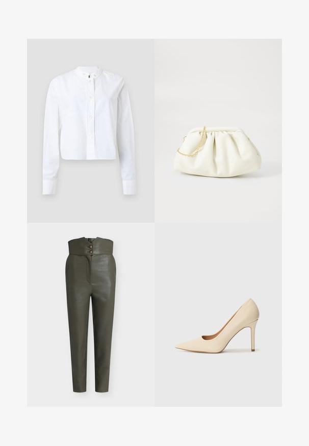Chemise blanche raccourcie à boutons avec col officier, manches longues et petits boutons, confectionnée en tissu de coton lisse.; Pantalon taille haute en simili cuir vert olive avec jambes fuselées et fermeture décorative à double bouton à la taille.; Escarpin en cuir beige à talon haut avec un bout pointu et un détail découpé sur le côté, possédant un talon stiletto fin pour le soutien.; Sac à main en cuir blanc avec un design plissé, doté d'une bandoulière en chaîne dorée et d'une forme arrondie. Texture lisse avec des plis doux et sans motifs.