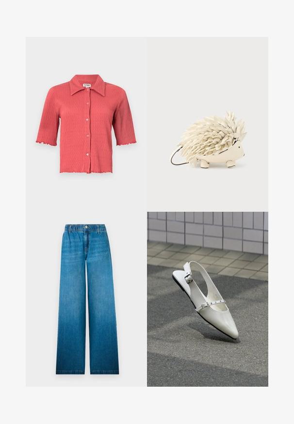Kurzärmlige, gerippte Bluse in Korallenpink mit spitzem Kragen, Knopfleiste und gewellten Kanten an den Ärmeln und dem Saum. Leichte Textur.; Weit geschnittene Jeans aus hellblauem Denim, mit einem elastischen Bund, einem Knopfverschluss und einem geraden Schnittdesign mit ausgeblichenem Effekt.; Weißer spitzer Slingback-Slipper mit zwei silbernen Schnallen, abgebildet im Freien auf strukturiertem Boden und gefliester Wand im Hintergrund.; Igel-Statue aus cremefarbenem Leder mit stacheliger Textur, rundlichem Körper, kurzen Beinen und kleinen Augendetails.