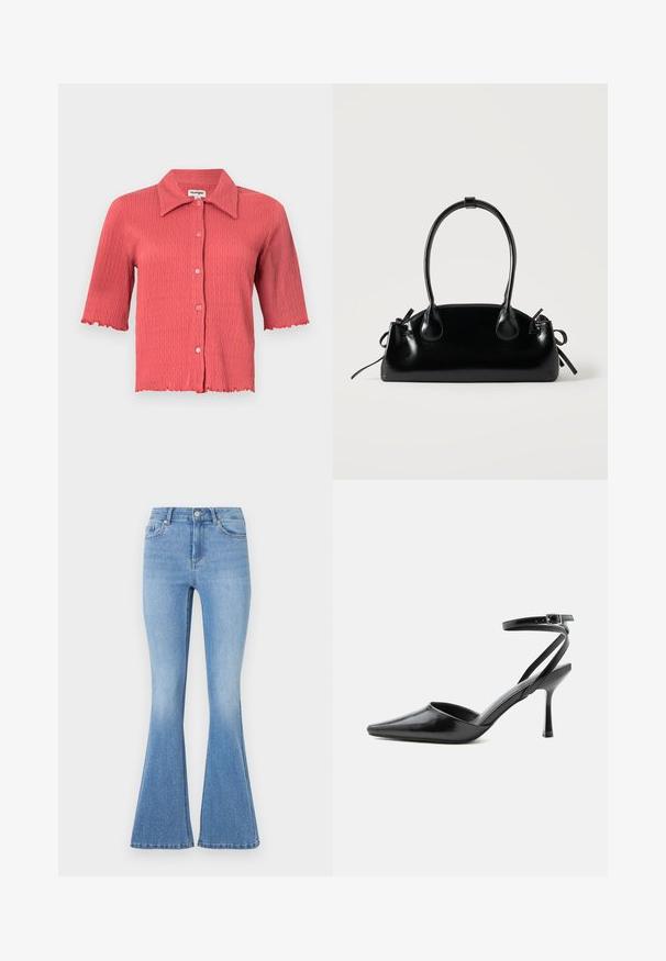 Korte mouw, geribbelde blouse in koraalroze met een puntige kraag, knopenfront en golvende randen aan de mouwen en de zoom. Lichtgewicht textuur.; Lichtblauwe flare jeans met een fijne denim textuur, versierd met verspreide zilveren studs aan de voorkant en een klassieke vijf-pocket ontwerp.; Zwarte pumps met puntige neus, dunne enkelbandjes en een zilveren gesp op een effen lichte achtergrond.; Kleine zwarte glanzende handtas met twee lange hengsels en zijkant trekkoord details op een effen lichte achtergrond.