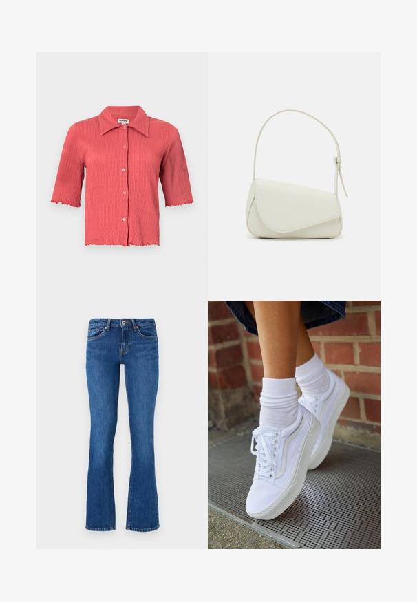 Blouse à manches courtes en jersey de couleur corail rose avec un col pointu, fermeture par boutons et bords festonnés aux manches et à l'ourlet. Texture légère.; Jeans en denim évasés de couleur bleu moyen avec une texture subtile. Comprend cinq poches, une fermeture éclair à l'avant et des coutures contrastantes le long des coutures.; Baskets en toile blanches avec semelles en caoutchouc, dotées de six œillets, d'un bout rond et de détails de couture légers, portées avec des chaussettes blanches mi-mollet.; Sac à main en cuir synthétique blanc avec une forme triangulaire structurée, une bandoulière unique réglable et un rabat à courbes accentuées.