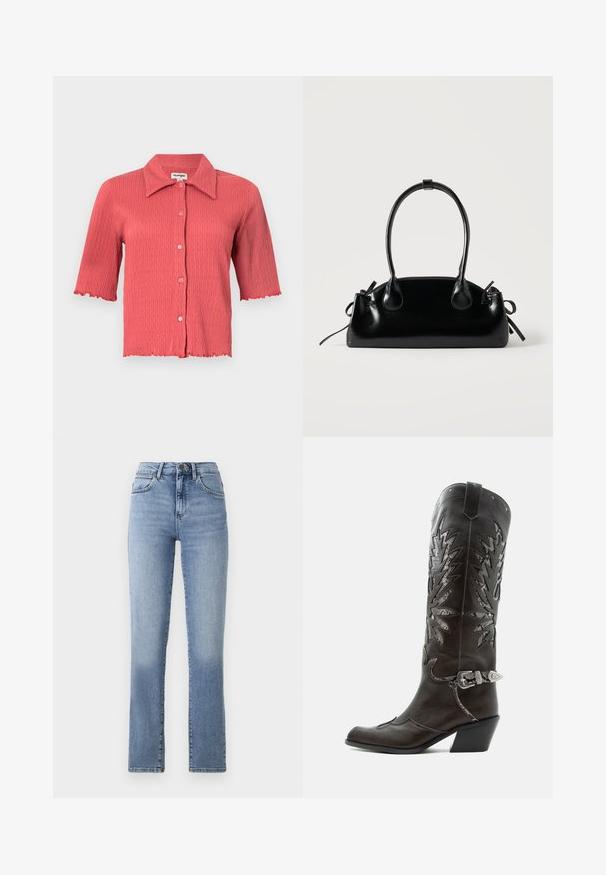 Kortærmet, ribbet bluse i koralrød med spids krave, knaplukning foran og bølgede kanter ved ærmer og kant. Letvægtig tekstur.; Blå denim straight-leg jeans med høj talje, med en bleget vask, standard for- og baglommer samt bælteløkker.; Sort læder cowboystøvle med dekorative udskæringer, sølvspænde og skrå hæl, vist på hvid baggrund.; Lille sort blank håndtaske med to lange håndtag og snøre-detaljer i siden på en ensfarvet lys baggrund.