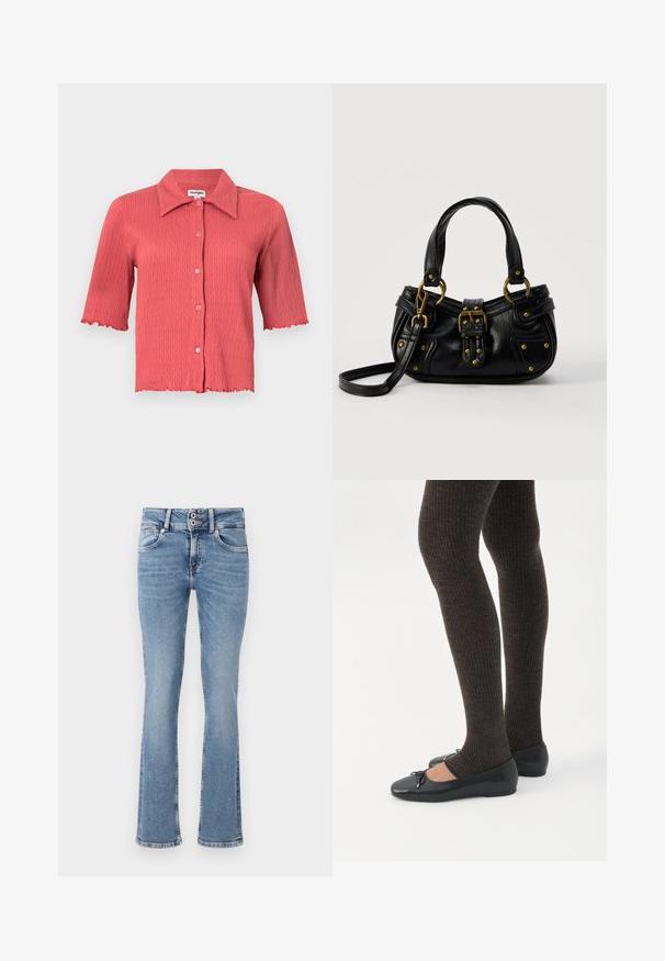 Kortærmet, ribbet bluse i koralrød med spids krave, knaplukning foran og bølgede kanter ved ærmer og kant. Letvægtig tekstur.; Ustrakte blå denim jeans med middel vask, knaplukning, fem-lomme design og sømdetaljer ved lommerne og kanten.; Ben iført mørke ribbede leggings kombineret med sorte balletsko med små sløjfedetaljer på hvid baggrund.; Sort læderhåndtaske med guldbælge og nitdetaljer, korte håndtag og en justerbar skulderrem på en ensfarvet hvid baggrund.