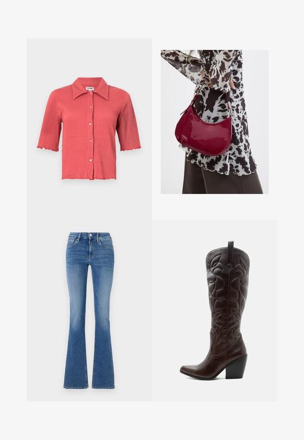 Kurzärmlige, gerippte Bluse in Korallenpink mit spitzem Kragen, Knopfleiste und gewellten Kanten an den Ärmeln und dem Saum. Leichte Textur.; Blaue High-Waist-Jeans aus Denim mit Vordertaschen, Knopf- und Reißverschluss sowie ausladenden Beinen.; Hoher dunkelbrauner Leder-Cowboystiefel mit gestickten dekorativen Mustern, spitzer Spitze und gestapeltem Blockabsatz.; Frau trägt eine schwarz-weiß gemusterte Bluse und hält eine glänzende rote Schultertasche vor einem einfarbigen Hintergrund.