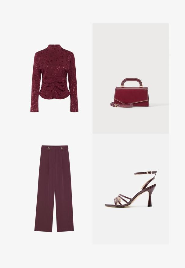 Bordeaux lange mouwen top van textuurstof, met een rozenpatroon en een gerimpeld detail in de taille voor een aansluitende silhouet.; Hogewaisted, wijde broek in diep pruim met twee knopen op de tailleband en zijzakken, plat weergegeven op een witte achtergrond.; Donkerpaarse lakleren sandaal met hoge hak, met dunne bandjes over de tenen en een enkelbandje met gouden gesp op witte achtergrond.; Kleine glanzende bordeauxrode handtas met een bovenhandvat en een afneembare schouderriem, weergegeven tegen een eenvoudige lichte achtergrond.