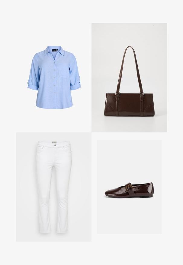 Lyseblå, kortærmet skjorte med knapper og krave, enkelt brystlomme og ærmer med rulleflap. Fremstillet af et struktureret stof.; Hvide denim jeans med lige ben. Har fem lommer, en øverste knaplukning og hardware i sølvfarvet tone med en glat tekstur.; Mørkebrun laklædersko med stor guldlås og rund tå, vist i sideprofil på hvid baggrund.; Brun lakeret håndtaske med rektangulær form, to lange håndtag og subtile buede detaljer på fronten.