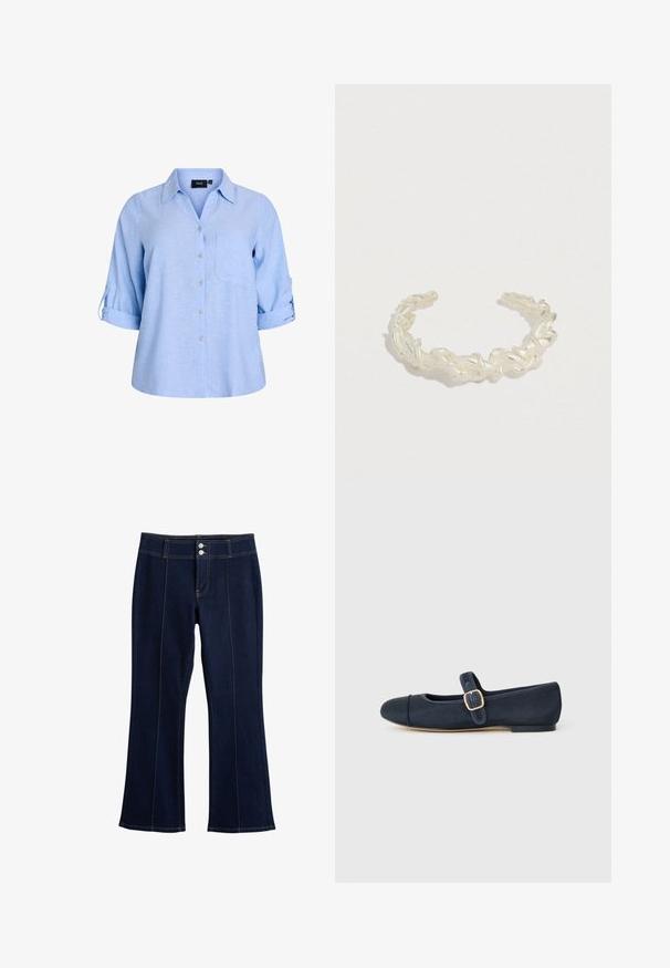 Lyseblå, kortærmet skjorte med knapper og krave, enkelt brystlomme og ærmer med rulleflap. Fremstillet af et struktureret stof.; Mørkeblå denim bukser med højt liv, dobbelt knaplukning, kontrastsyninger og en let udvidelse ved bundkanten.; Marineblå balletflade med rund tå og struktureret stof. Har en dekorativ rem med en guldbuckle og en flad sål.; Manchetarmbånd fremstillet af snoet sølvfarvet metal med et fletmønstret design, åbne ender og glat tekstur.