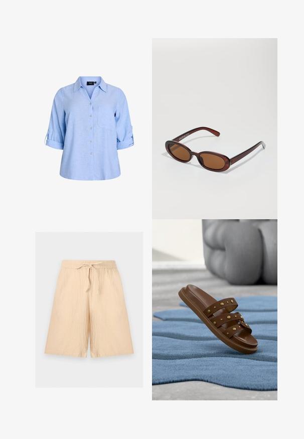 Lyseblå, kortærmet skjorte med knapper og krave, enkelt brystlomme og ærmer med rulleflap. Fremstillet af et struktureret stof.; Lyse beige løstsiddende shorts med elastik i taljen og snor, lavet af krøllet stof, der egner sig til afslappet brug.; Brun slidesandal med tre nittebesatte remme, der hviler på et tekstureret blåt tæppe med en grå skulpturel genstand i baggrunden.; Runde, bruntonede solbriller med en glansfuld bordeauxramme. Slanke arme med diskret brandingdetalje. Flad linsedesign.