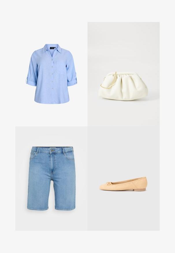 Lyseblå, kortærmet skjorte med knapper og krave, enkelt brystlomme og ærmer med rulleflap. Fremstillet af et struktureret stof.; Lys blå denim shorts med klassisk pasform, der har en frontknaplukning, bæltestropper og to sidelommer. Glat tekstur og lige kant.; Beige balletflade med tekstureret stof, rund tå, dekorativ sløjfe detaljer og en lav trækheel. Simpelt og klassisk design.; Hvid læderhåndtaske med en samlede design, forsynet med en guldkæde-strop og en rund form. Glat tekstur med bløde folder og ingen mønstre.