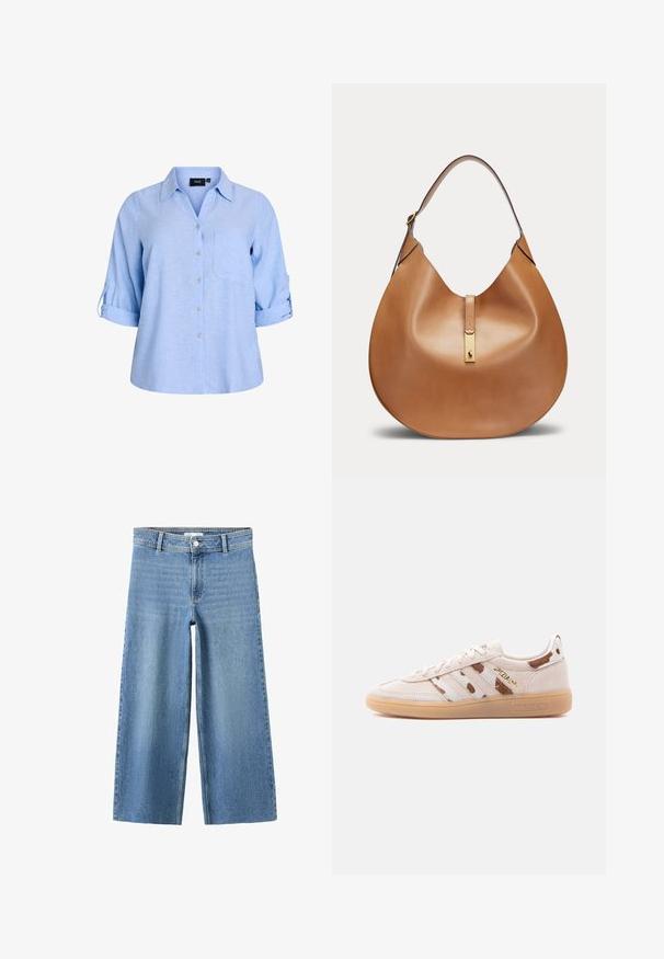 Lichtblauw, kort mouwen button-up shirt met een kraag, enkele borstzak en oprolbare mouwen. Gemaakt van een gestructureerde stof.; Blauwe jeans met hoge taille en wijde pijpen, met ceintuurlussen, voorste knoop en ritssluiting, plat gevouwen op een witte achtergrond weergegeven.; Beige suède sneaker met lage schacht en gumzool, bruin-wit gestreept patroon, "SPEZIAL" in gouden letters aan de zijkant.; Bruine leren hobo tas met enkele schouderriem en gouden metalen sluiting met klein paardenlogo.