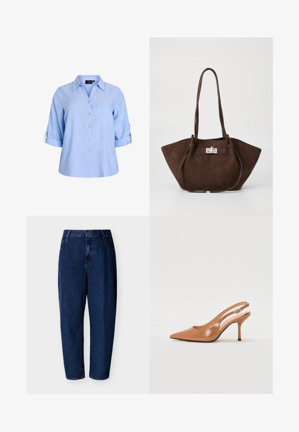 Lyseblå, kortærmet skjorte med knapper og krave, enkelt brystlomme og ærmer med rulleflap. Fremstillet af et struktureret stof.; Mørkeblå denimjeans med høj talje, knap- og lynlåslukning, forlommer og lige afsmalnende ben.; Spids tå slingback hæl i et glat, blankt tan materiale. Har et buet udskæring design og en slank stiletto hæl. Sølv spænde detalje.; Brun ruskinds tote taske med en struktureret form, der har en sølvmetal lukning og to skulderremme. Glat tekstur med accentstikninger.